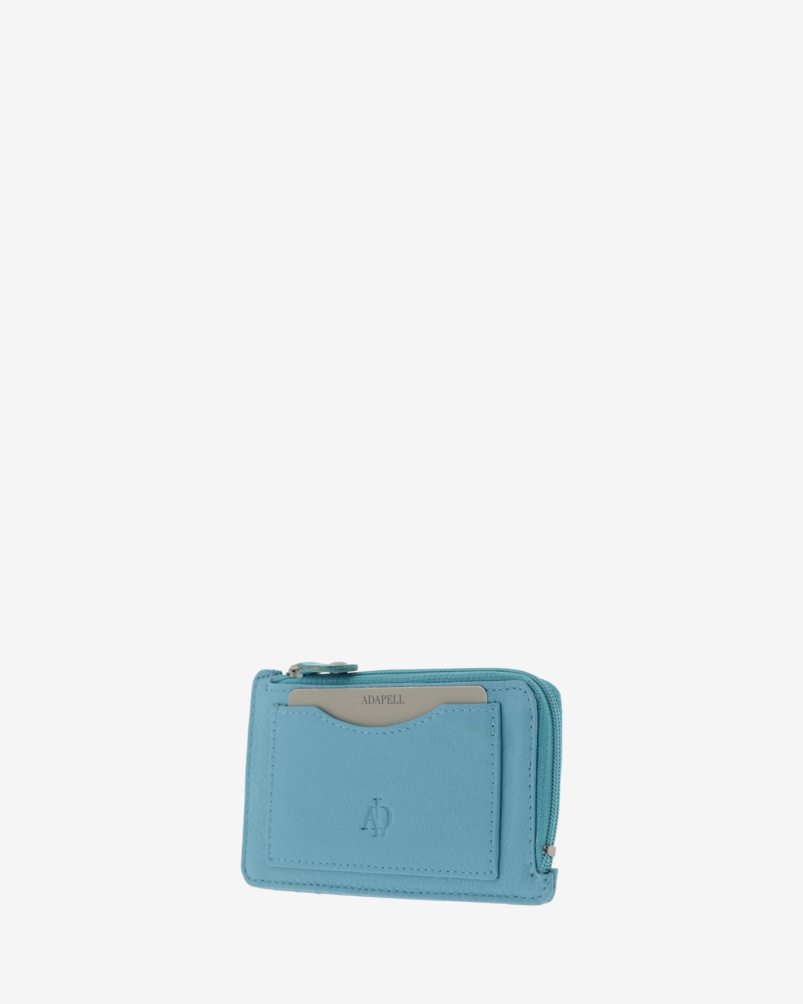 Tarjetero monedero fino 8062 en color azul, vista tres cuartos frontal con bolsillo exterior para tarjeta