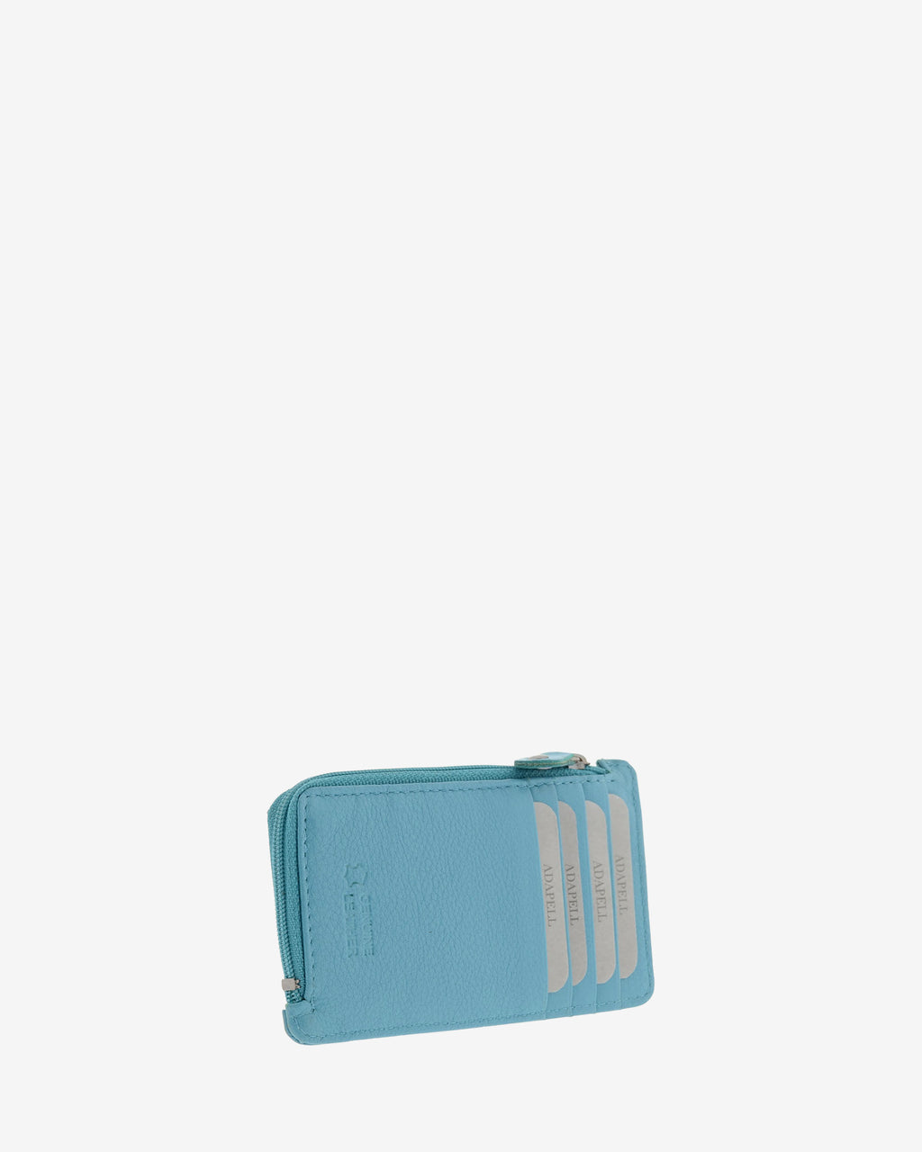 Tarjetero monedero fino 8062 en color azul, vista tres cuartos posterior con cuatro ranuras para tarjetas