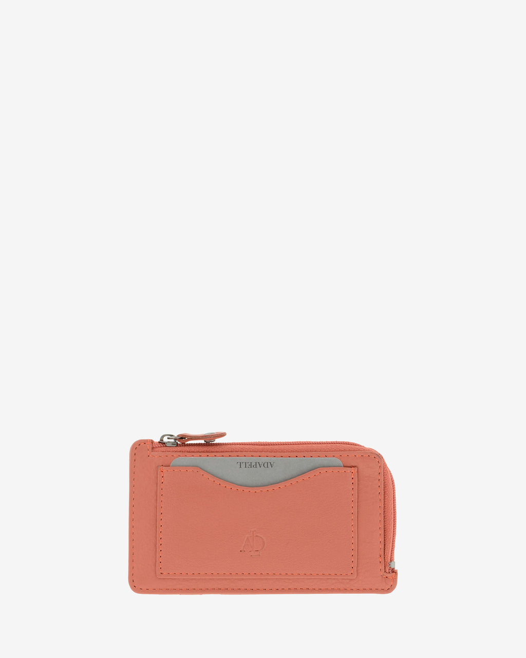 Tarjetero monedero fino 8062 en color coral, vista frontal con bolsillo para tarjeta y cremallera superior