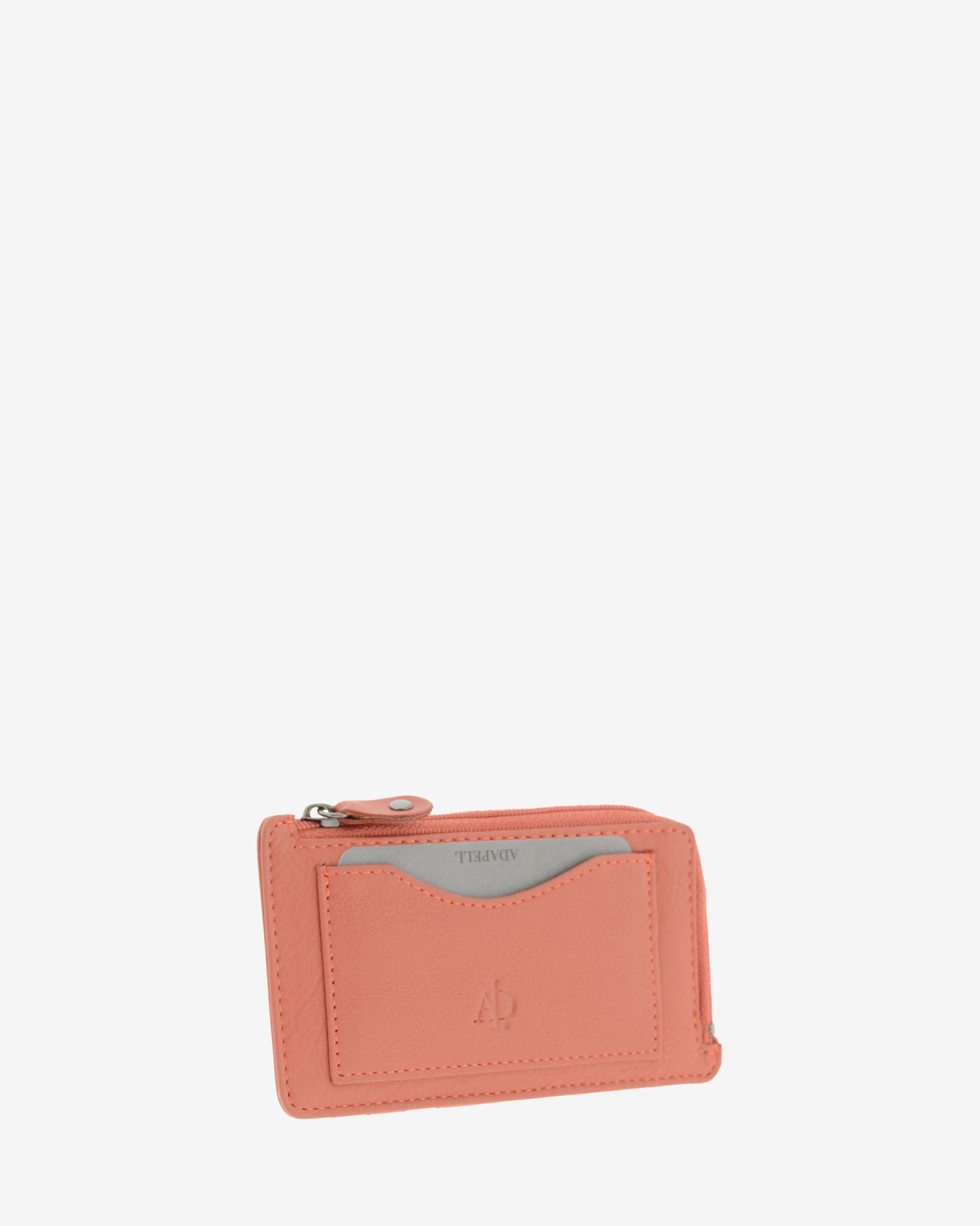 Tarjetero monedero fino 8062 en color coral, vista tres cuartos frontal con bolsillo exterior para tarjeta