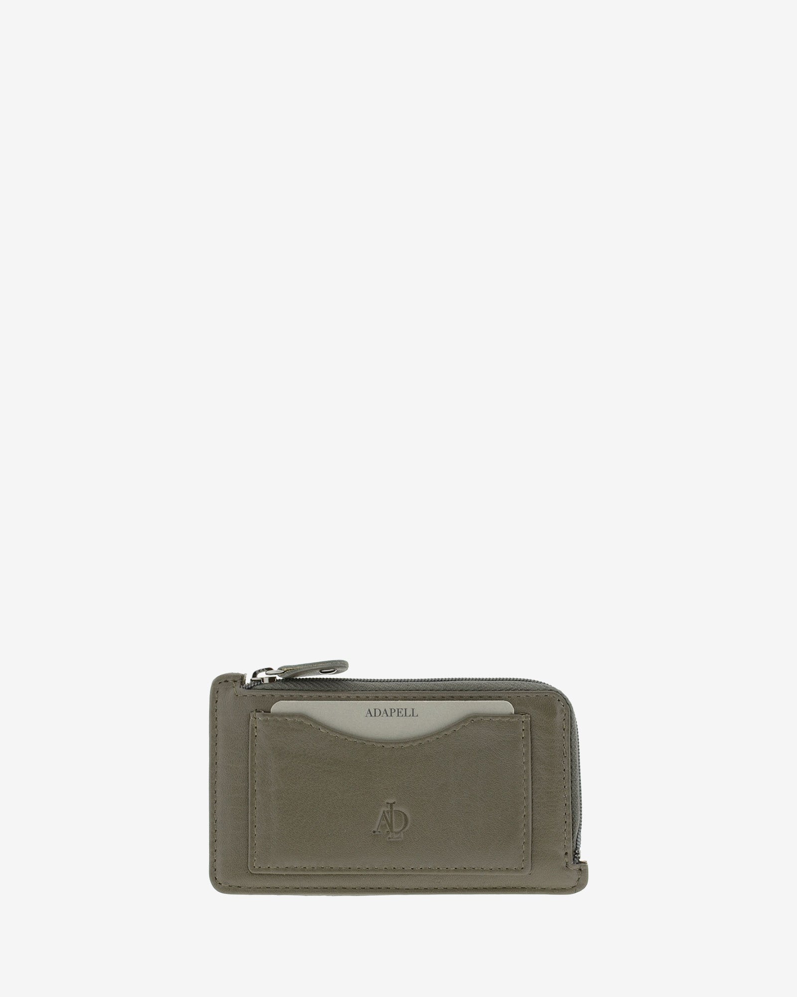 Tarjetero monedero fino 8062 en color gris, vista frontal con bolsillo para tarjeta y cremallera superior
