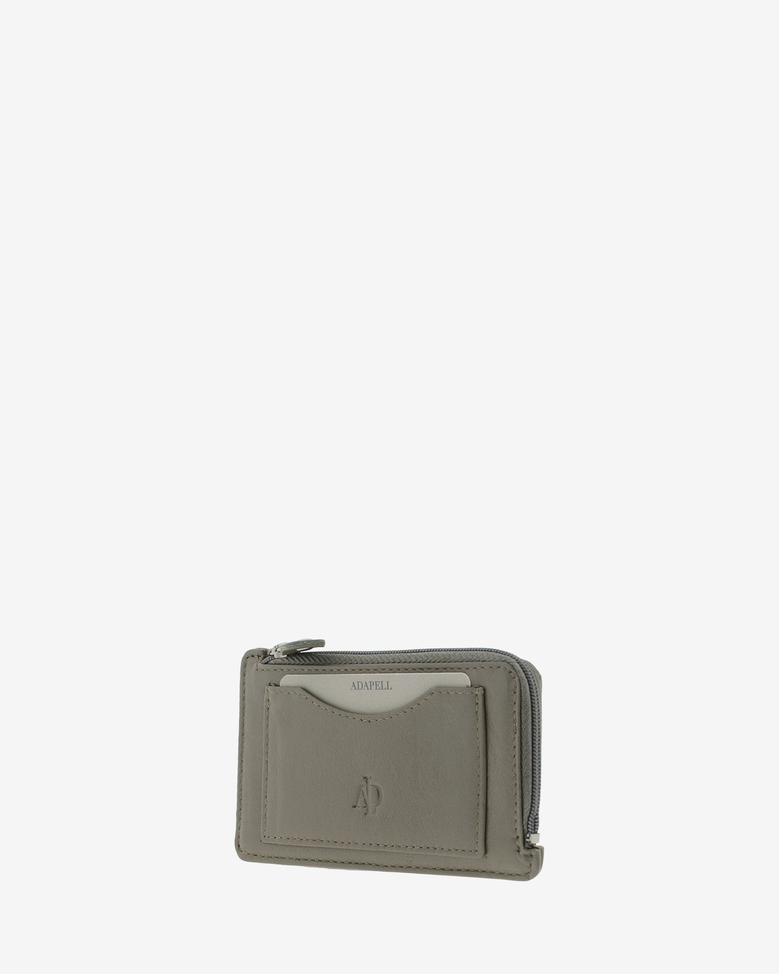 Tarjetero monedero fino 8062 en color gris, vista tres cuartos frontal con bolsillo exterior para tarjeta