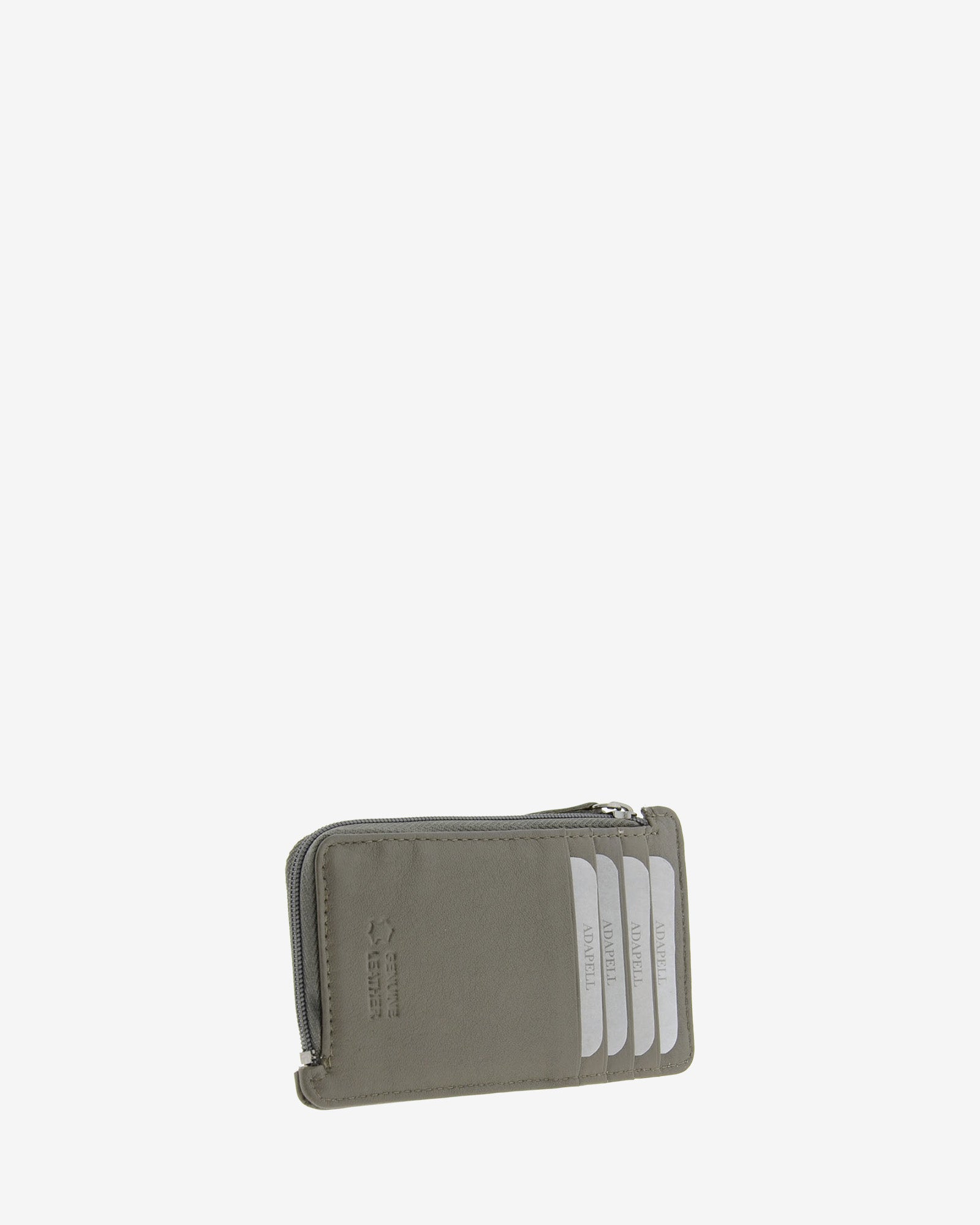 Tarjetero monedero fino 8062 en color gris, vista tres cuartos posterior con cuatro ranuras para tarjetas