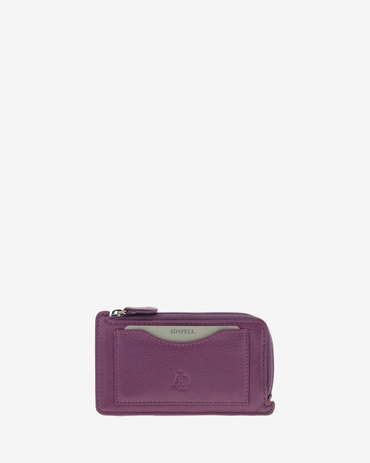 Tarjetero monedero fino 8062 en color lila, vista frontal con bolsillo para tarjeta y cremallera superior