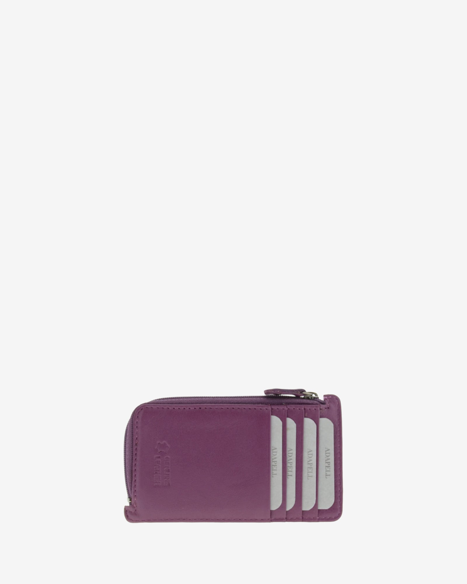 Tarjetero monedero fino 8062 en color lila, vista posterior con cuatro ranuras para tarjetas