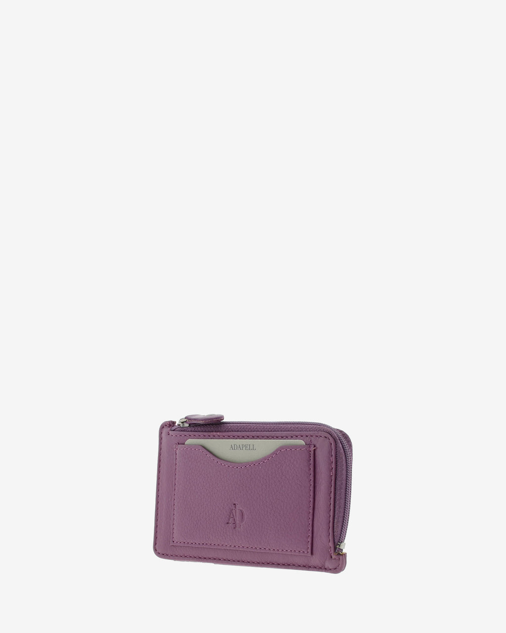 Tarjetero monedero fino 8062 en color lila, vista tres cuartos frontal con bolsillo exterior para tarjeta