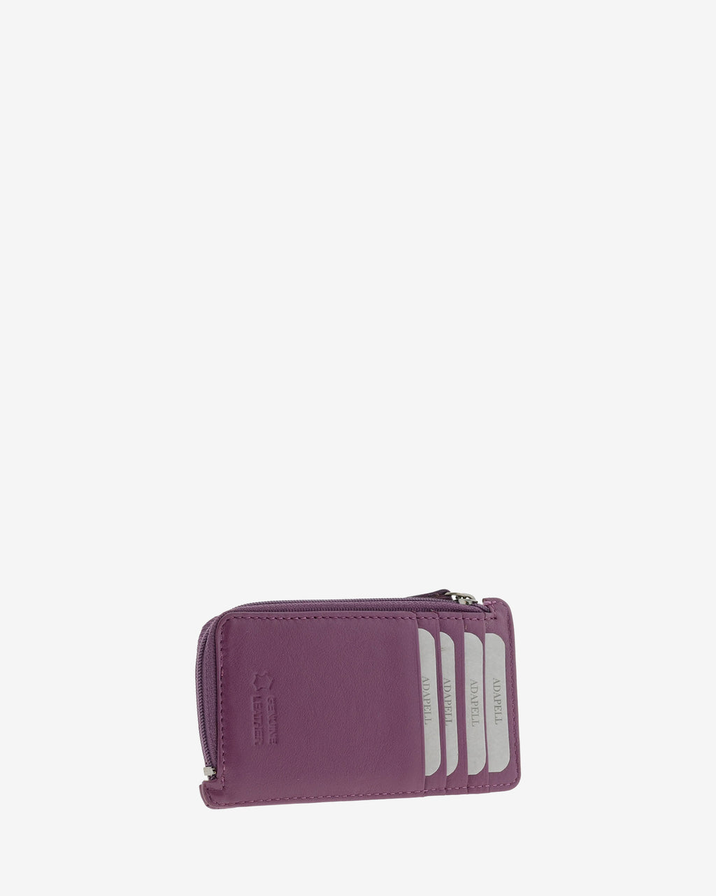Tarjetero monedero fino 8062 en color lila, vista tres cuartos posterior con cuatro ranuras para tarjetas