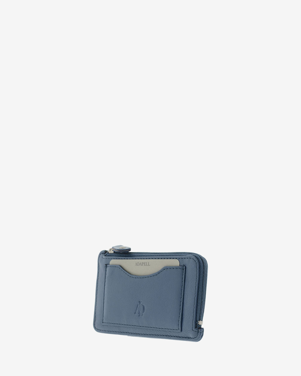 Tarjetero monedero fino 8062 en color marino, vista tres cuartos frontal con bolsillo exterior para tarjeta