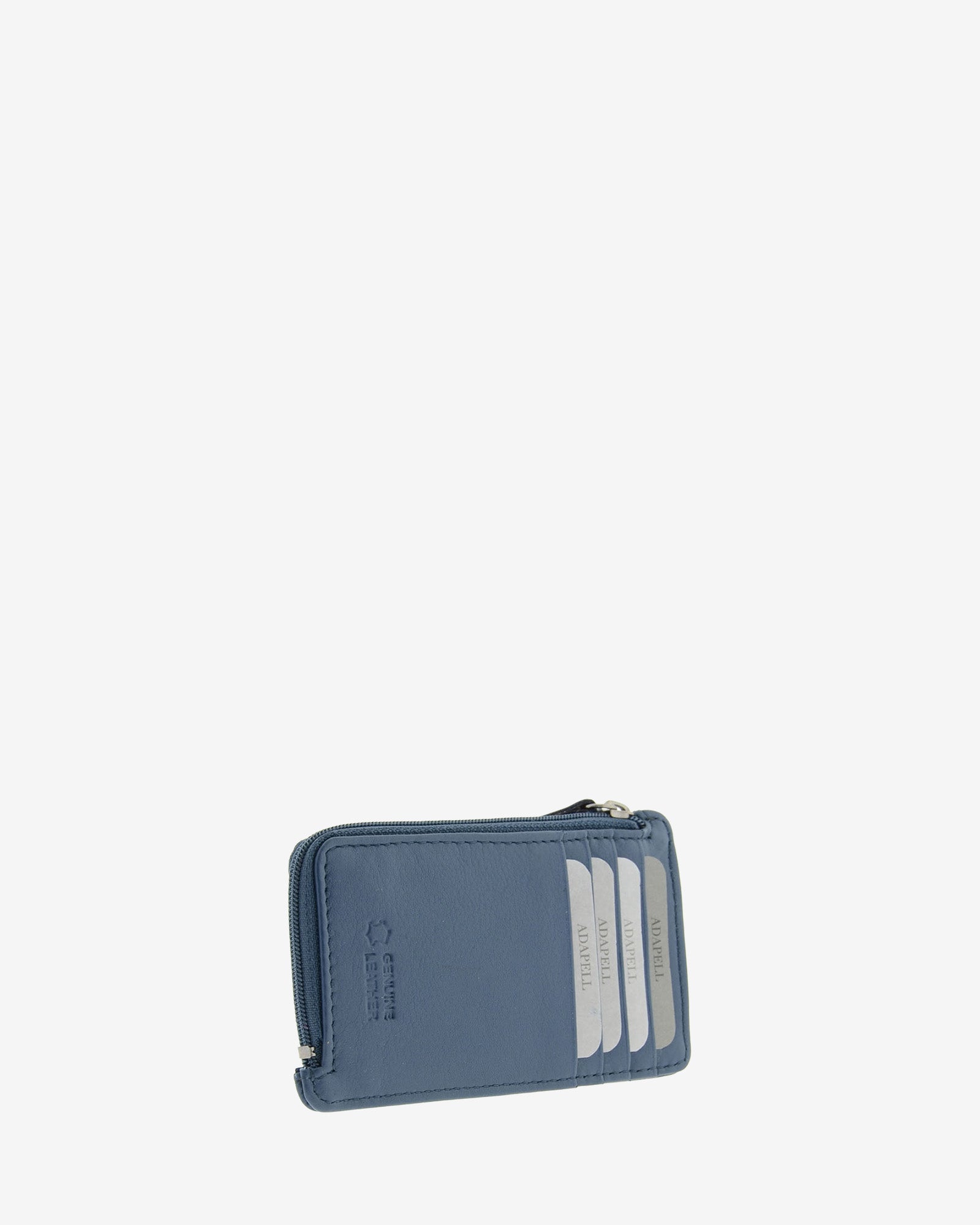 Tarjetero monedero fino 8062 en color marino, vista tres cuartos posterior con cuatro ranuras para tarjetas