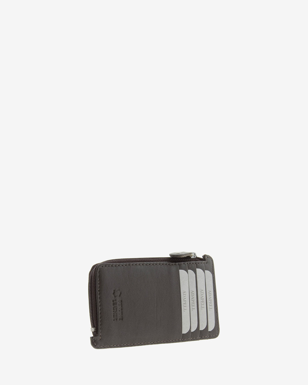Tarjetero monedero fino 8062 en color marrón, vista tres cuartos posterior con cuatro ranuras para tarjetas