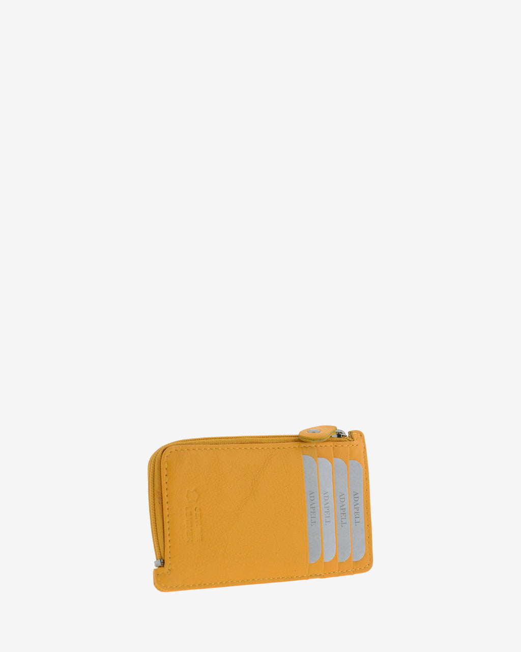 Tarjetero monedero fino 8062 en color mostaza, vista tres cuartos posterior con cuatro ranuras para tarjetas
