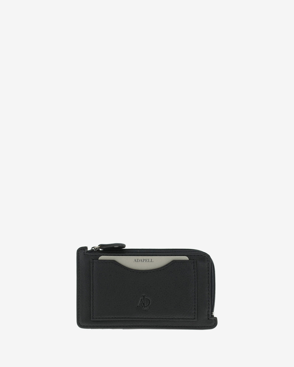 Tarjetero monedero fino 8062 en color negro, vista frontal con bolsillo exterior para tarjeta y cremallera