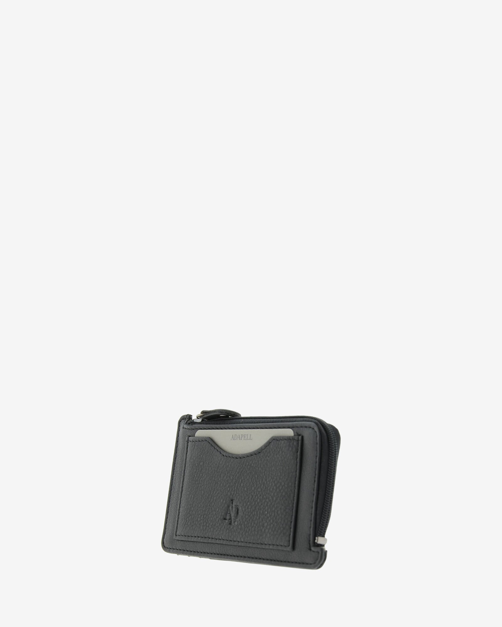 Tarjetero monedero fino 8062 en color negro, vista tres cuartos frontal con bolsillo exterior para tarjeta