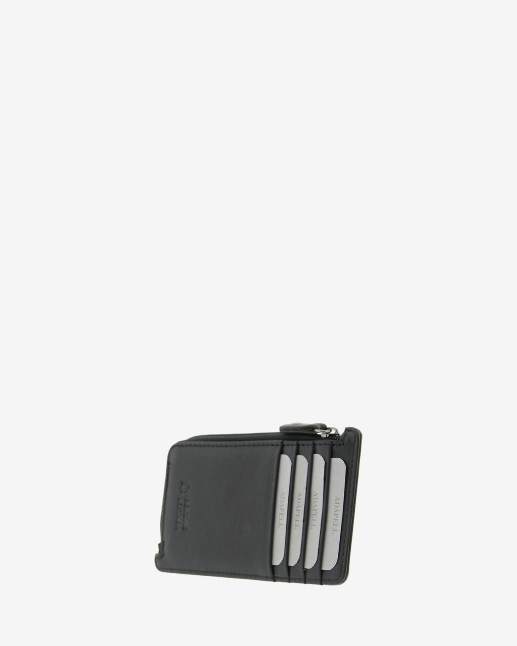 Tarjetero monedero fino 8062 en color negro, vista tres cuartos posterior con cuatro ranuras para tarjetas
