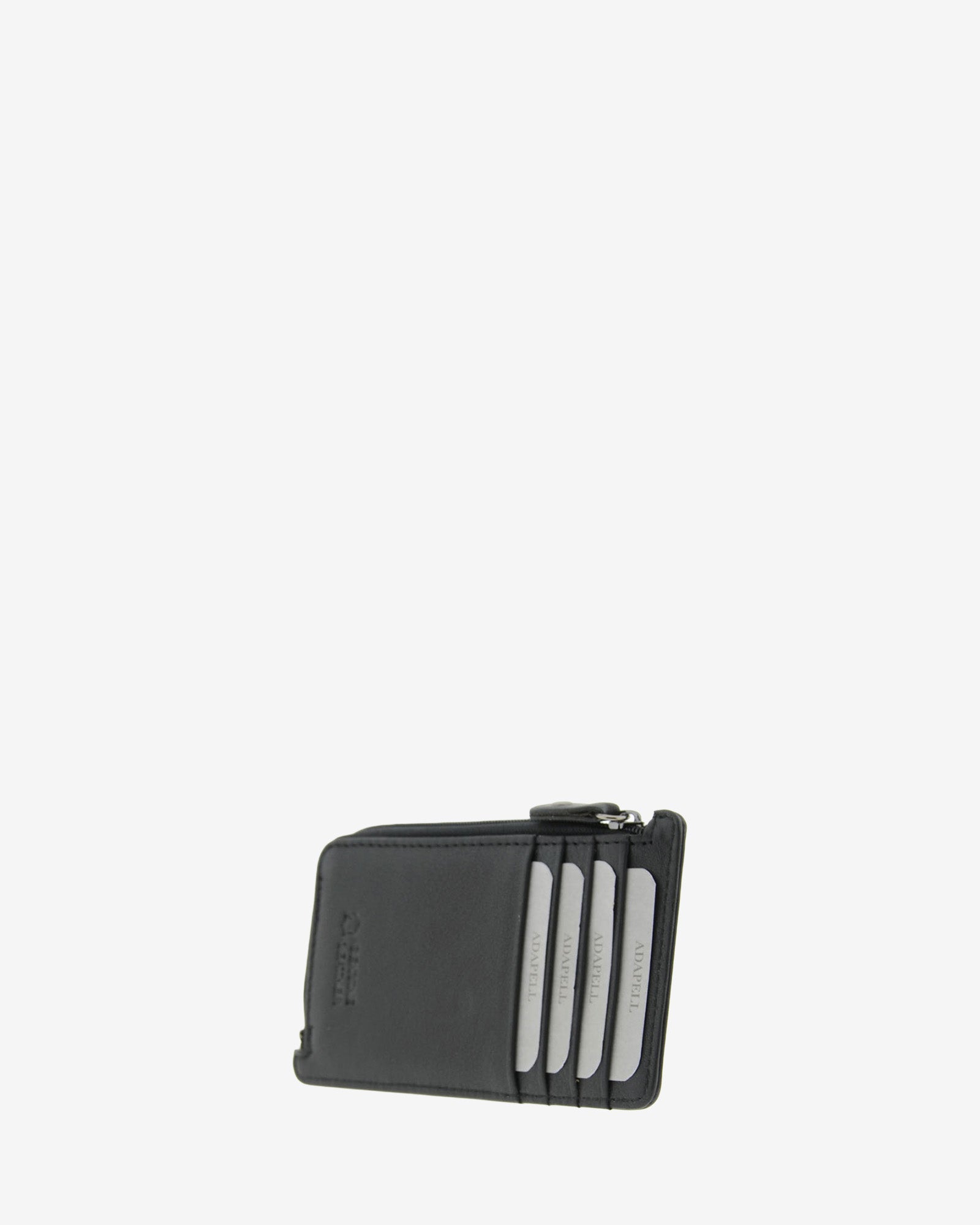 Tarjetero monedero fino 8062 en color negro, vista tres cuartos posterior con cuatro ranuras para tarjetas
