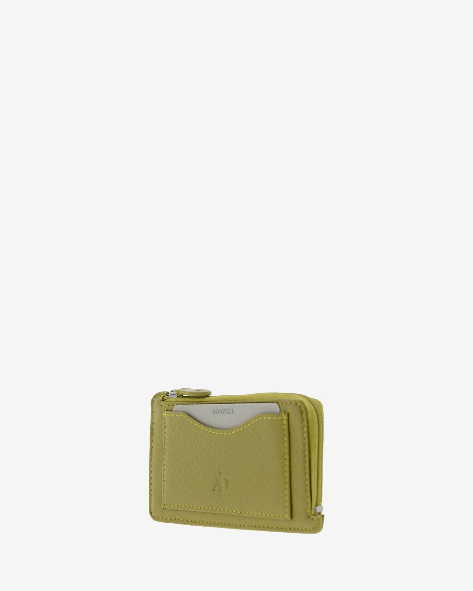 Tarjetero monedero fino 8062 en color oliva, vista tres cuartos frontal con bolsillo exterior para tarjeta
