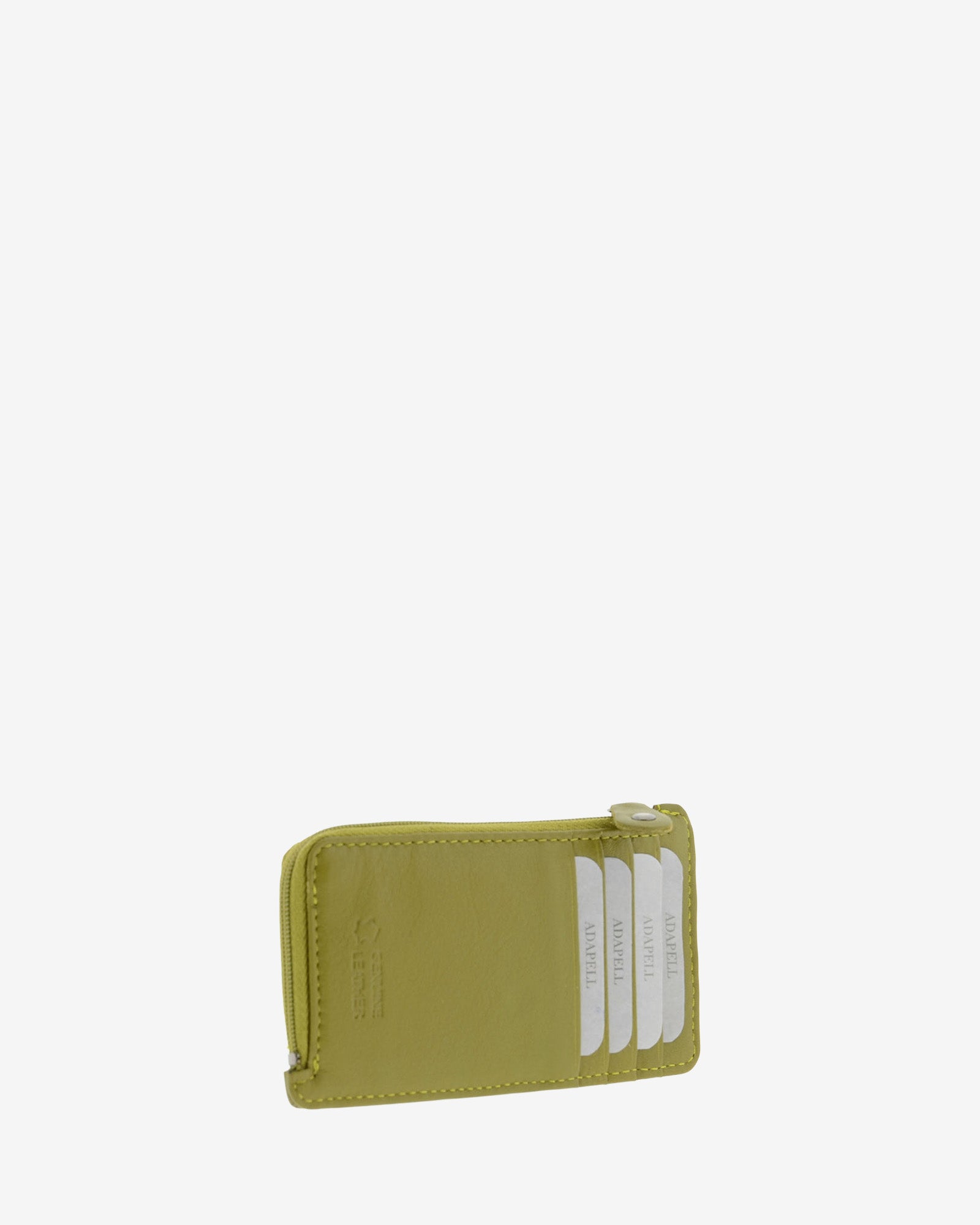 Tarjetero monedero fino 8062 en color oliva, vista tres cuartos posterior con cuatro ranuras para tarjetas