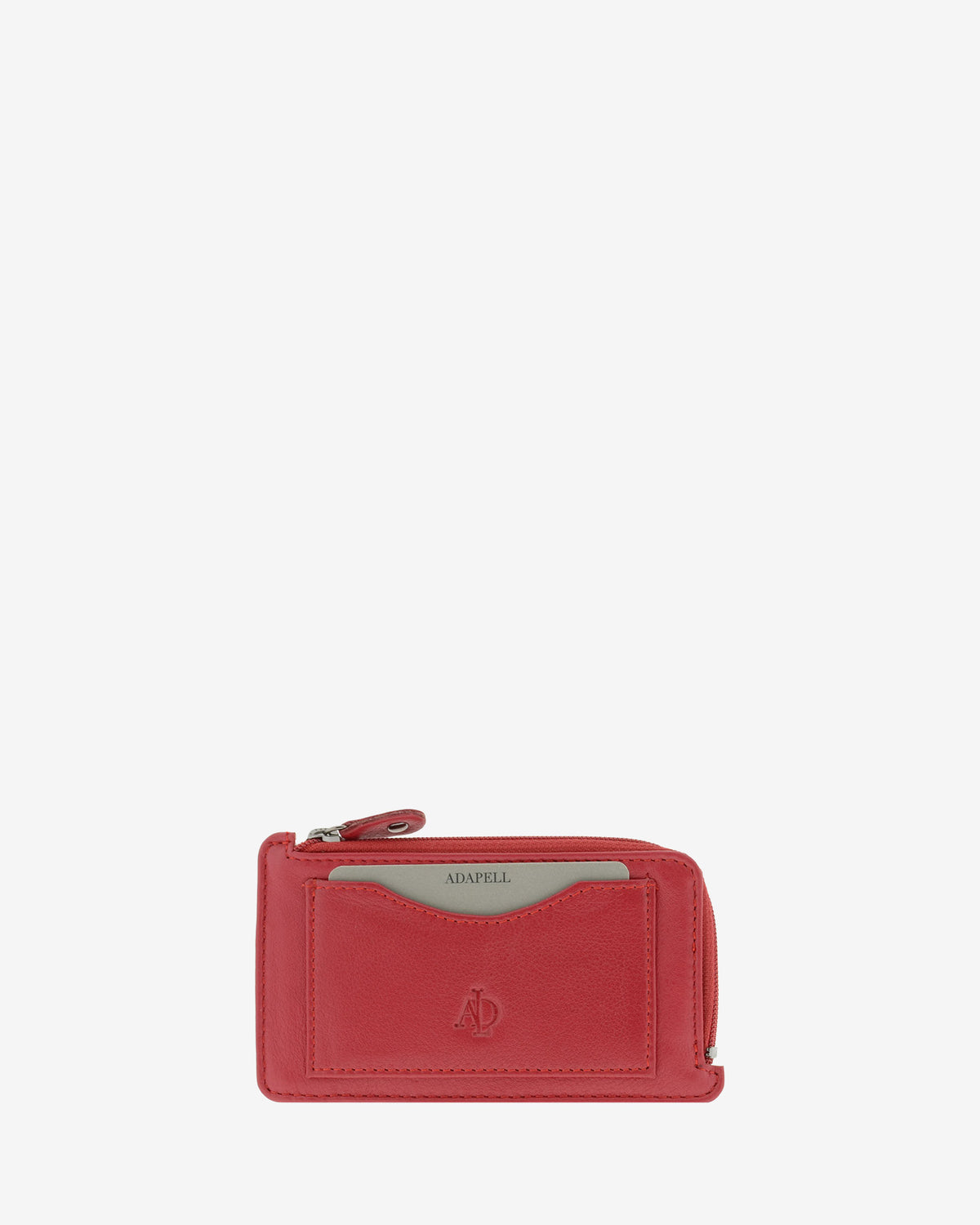 Tarjetero monedero fino 8062 en color rojo, vista frontal con bolsillo para tarjeta y cremallera superior