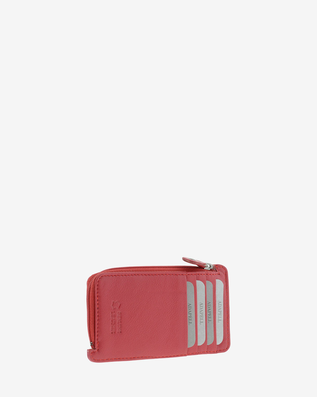 Tarjetero monedero fino 8062 en color rojo, vista tres cuartos posterior con cuatro ranuras para tarjetas