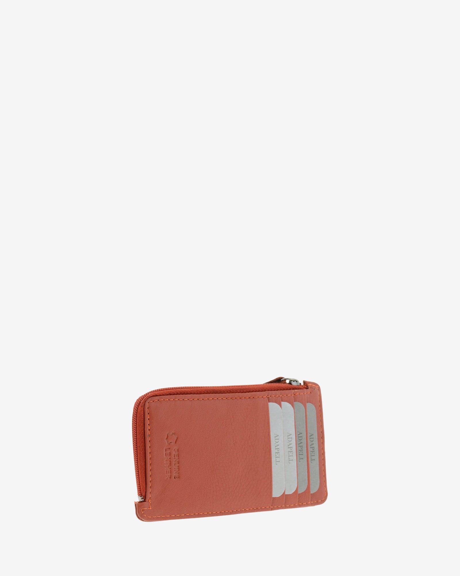 Tarjetero monedero fino 8062 en color teja, vista tres cuartos posterior con cuatro ranuras para tarjetas