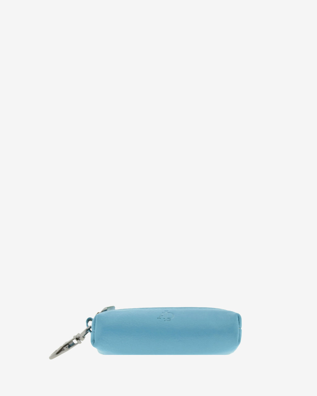 Llavero monedero 8066 en color azul, vista frontal tumbado con superficie lisa, logo grabado y mosquetón visible