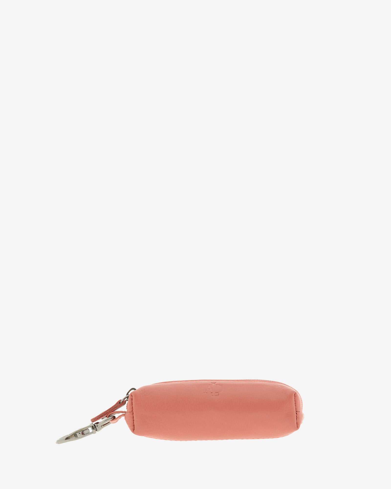 Llavero monedero 8066 en color coral, vista frontal tumbado con mosquetón y logo grabado