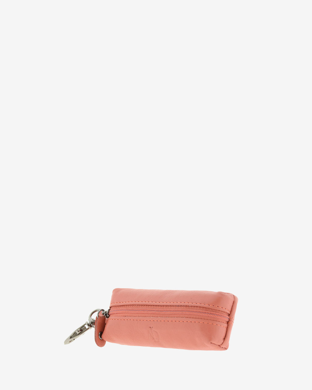 Llavero monedero 8066 en color coral, vista tres cuartos frontal derecha con cremallera, mosquetón y logo grabado
