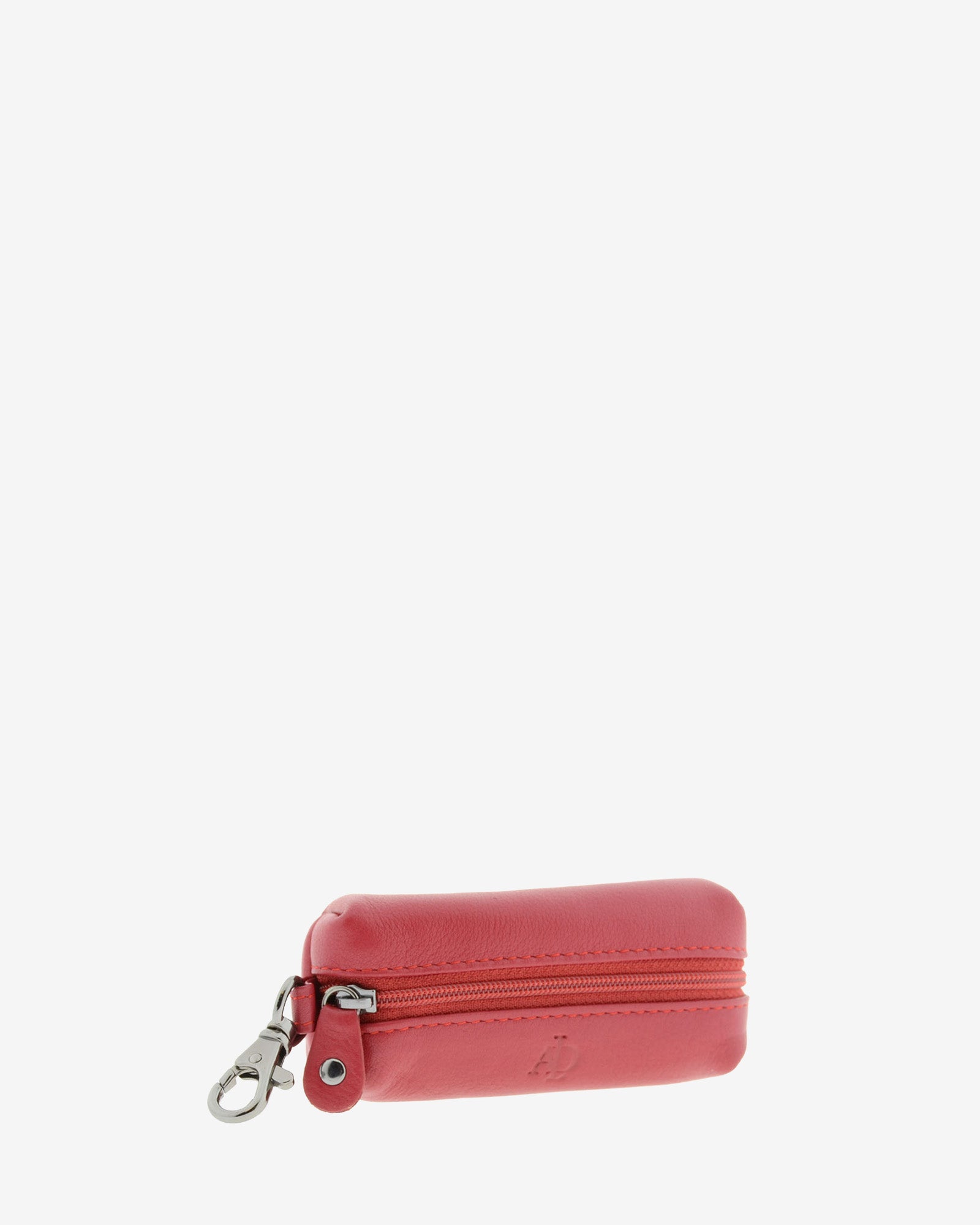 Llavero monedero 8066 en color rojo, vista tres cuartos frontal con cremallera, mosquetón y logo grabado