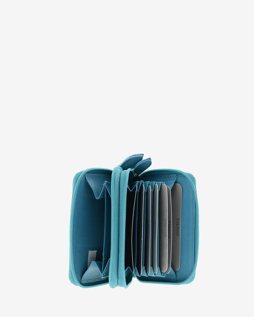 Tarjetero acordeón 8067 en color azul abierto, con compartimento para monedas y organización interior tipo acordeón para tarjetas