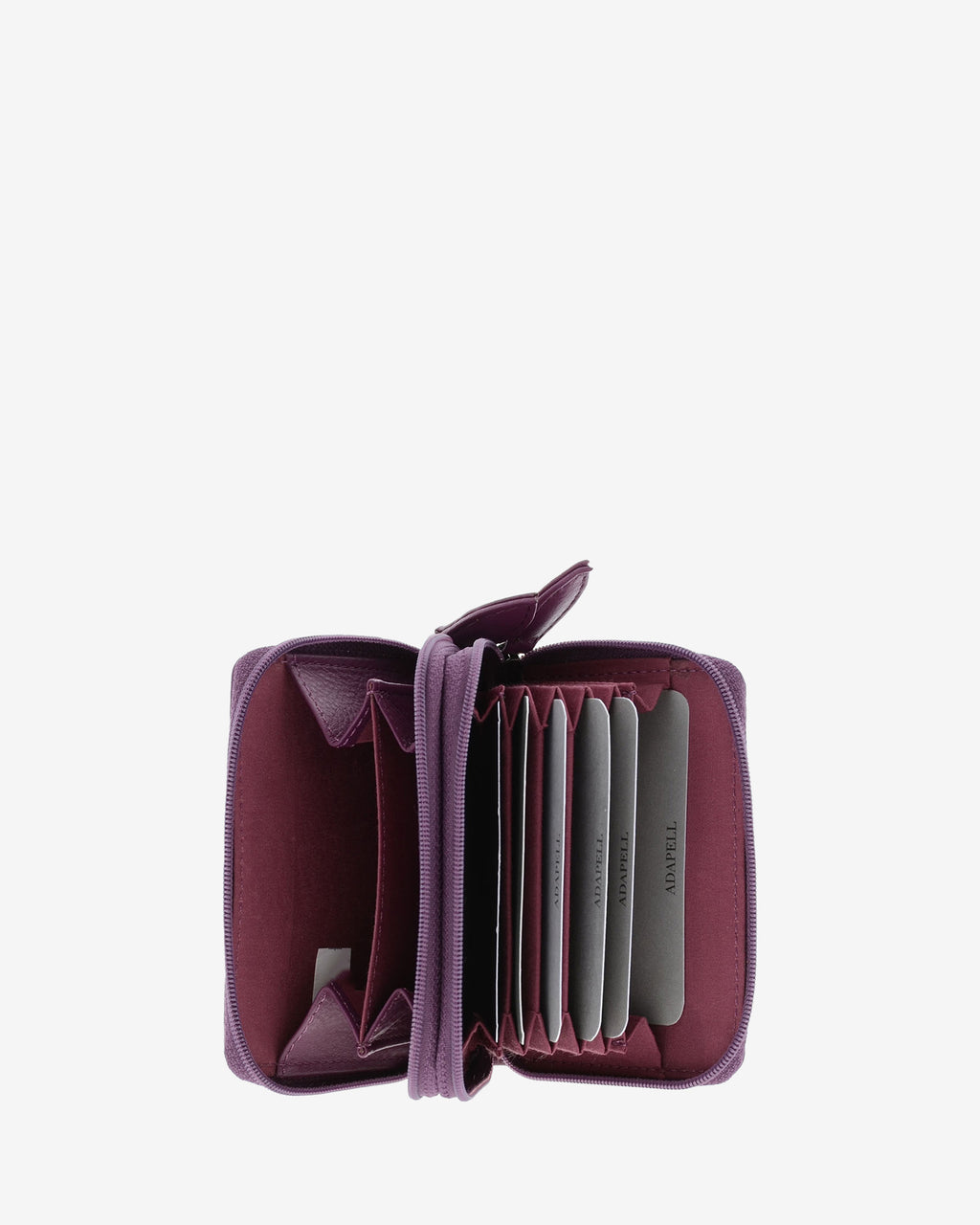 Tarjetero acordeón 8067 en color lila abierto, con compartimento para monedas y organización interior tipo acordeón para tarjetas