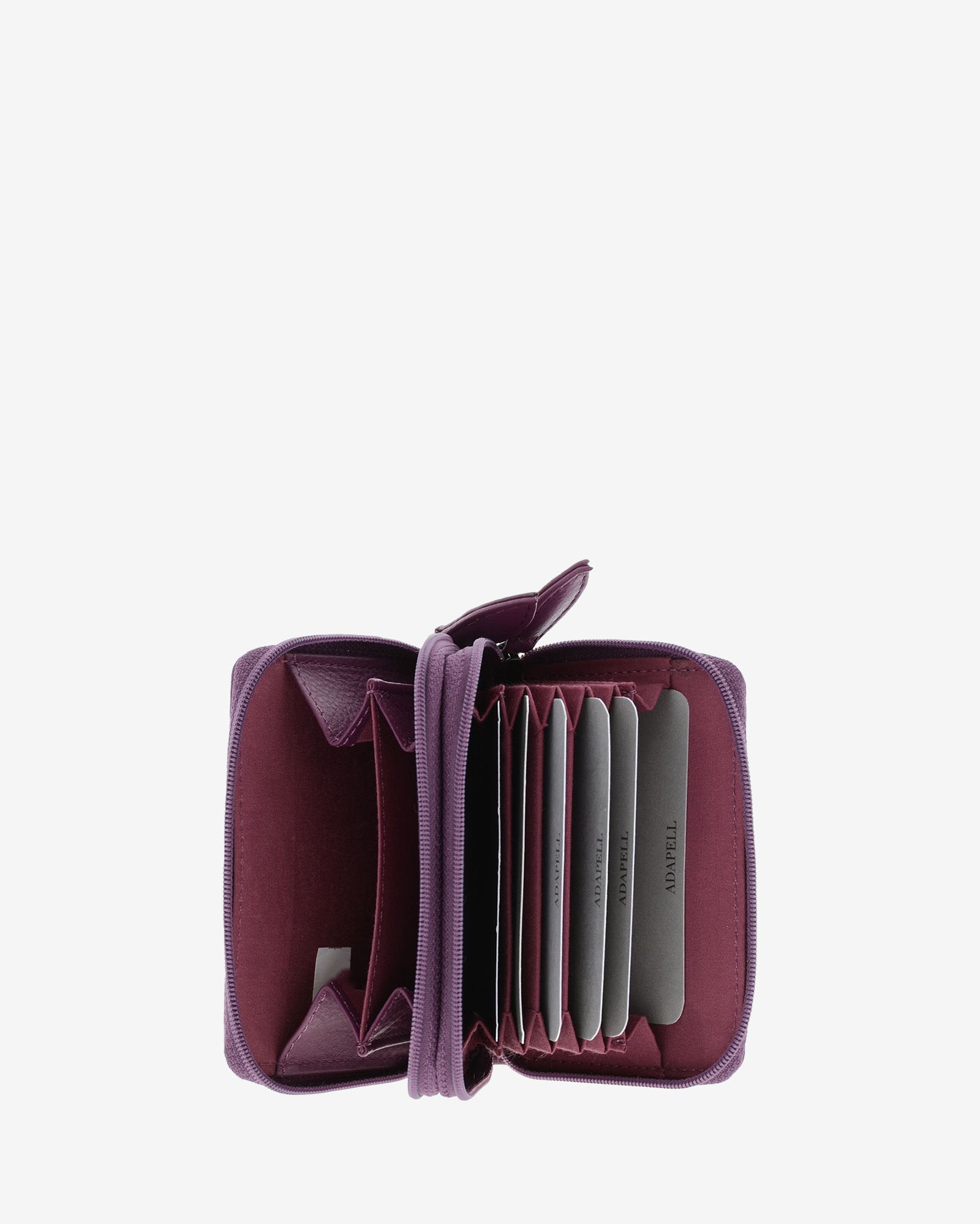 Tarjetero acordeón 8067 en color lila abierto, con compartimento para monedas y organización interior tipo acordeón para tarjetas