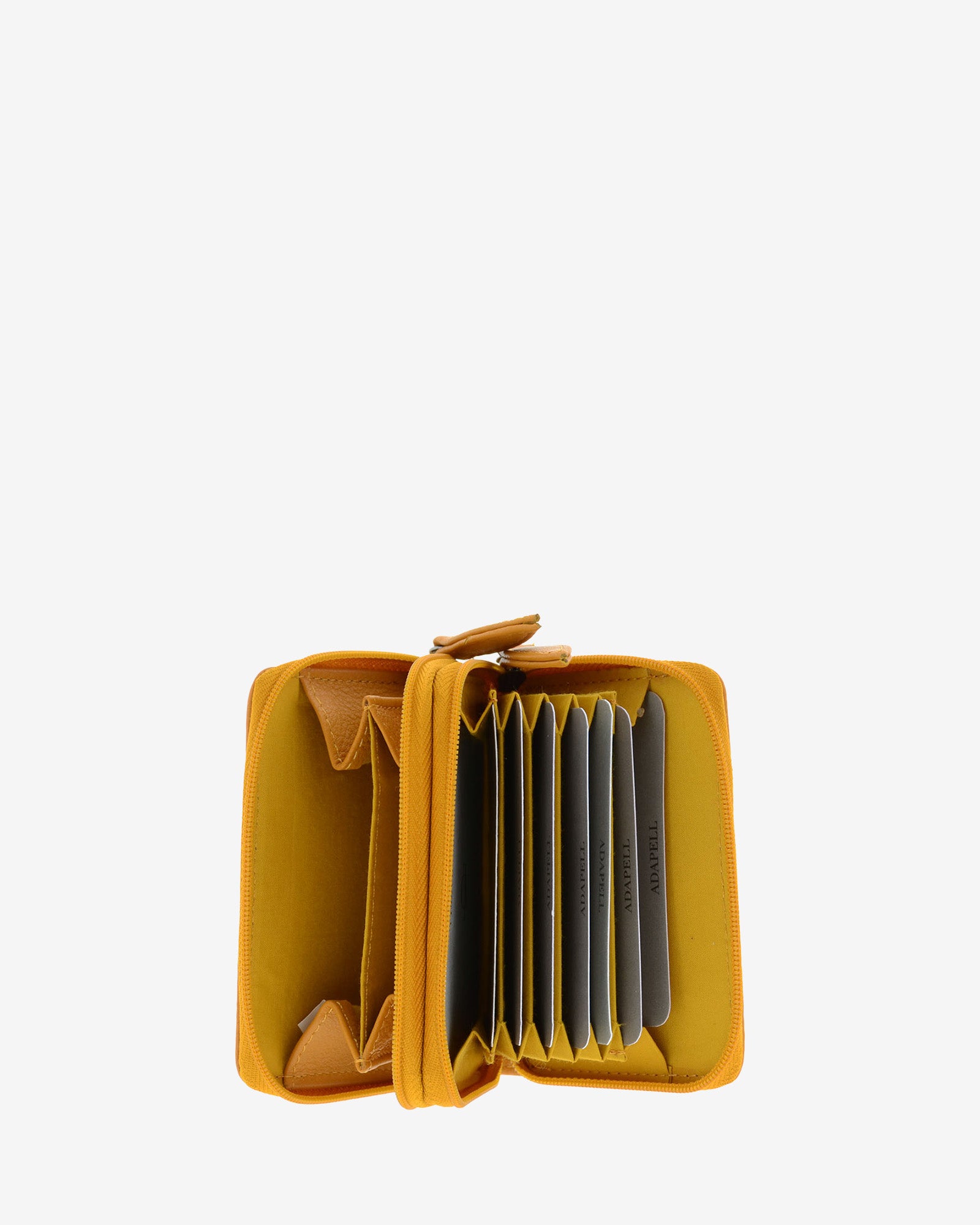Tarjetero acordeón 8067 en color mostaza abierto, con compartimento para monedas y organización interior tipo acordeón para tarjetas