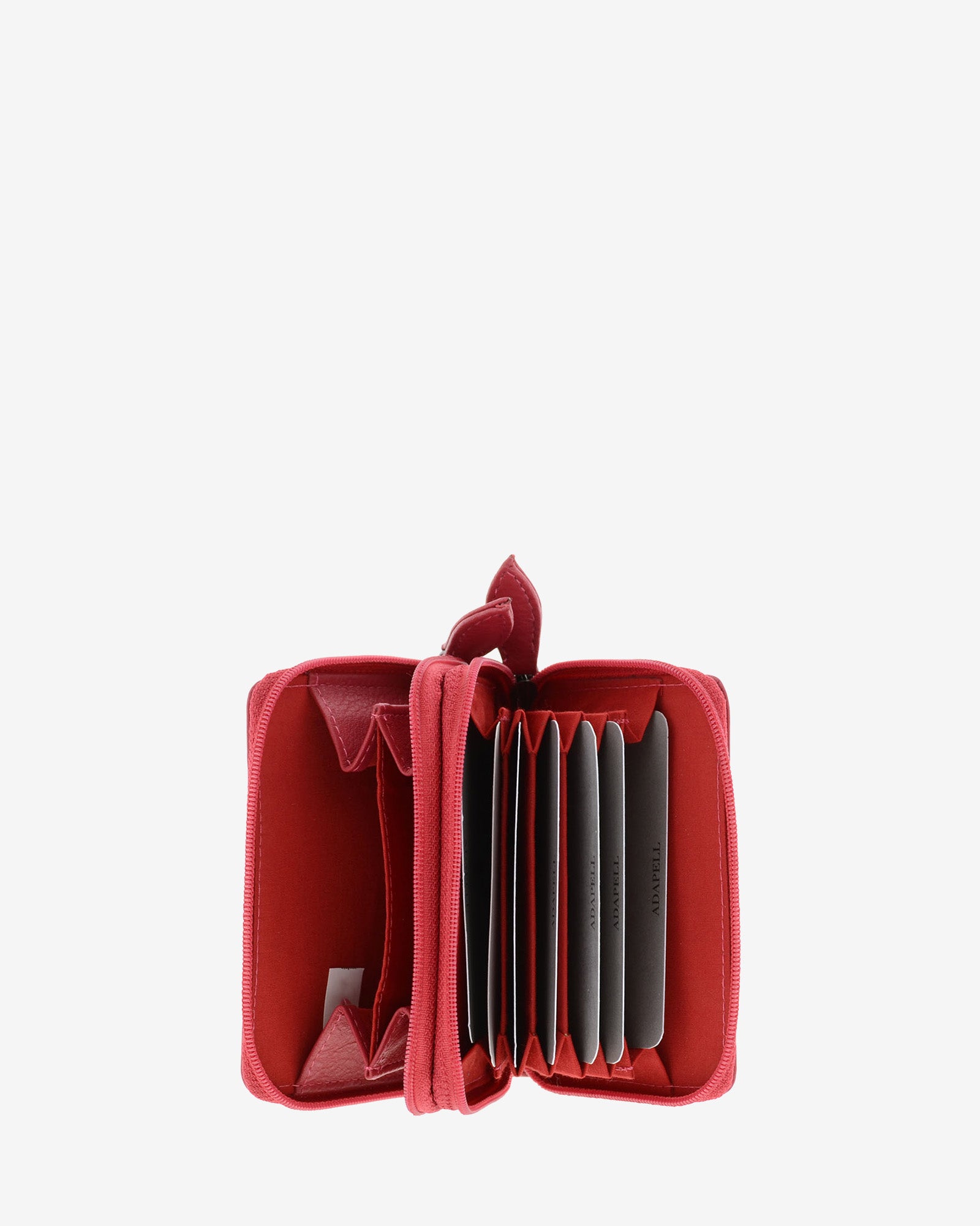 Tarjetero acordeón 8067 en color rojo abierto, con compartimento para monedas y organización interior tipo acordeón para tarjetas
