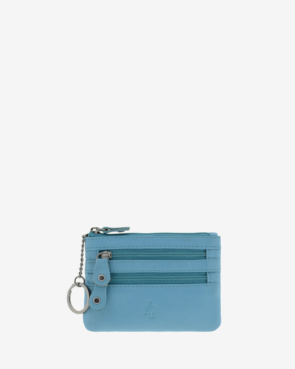 Monedero fino con triple cremallera 8072 en color azul, vista frontal con anilla para llaves.