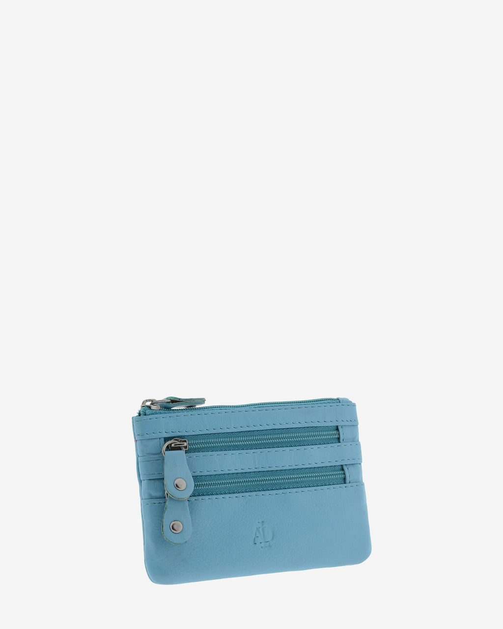 Monedero fino con triple cremallera 8072 en color azul, vista tres cuartos frontal.