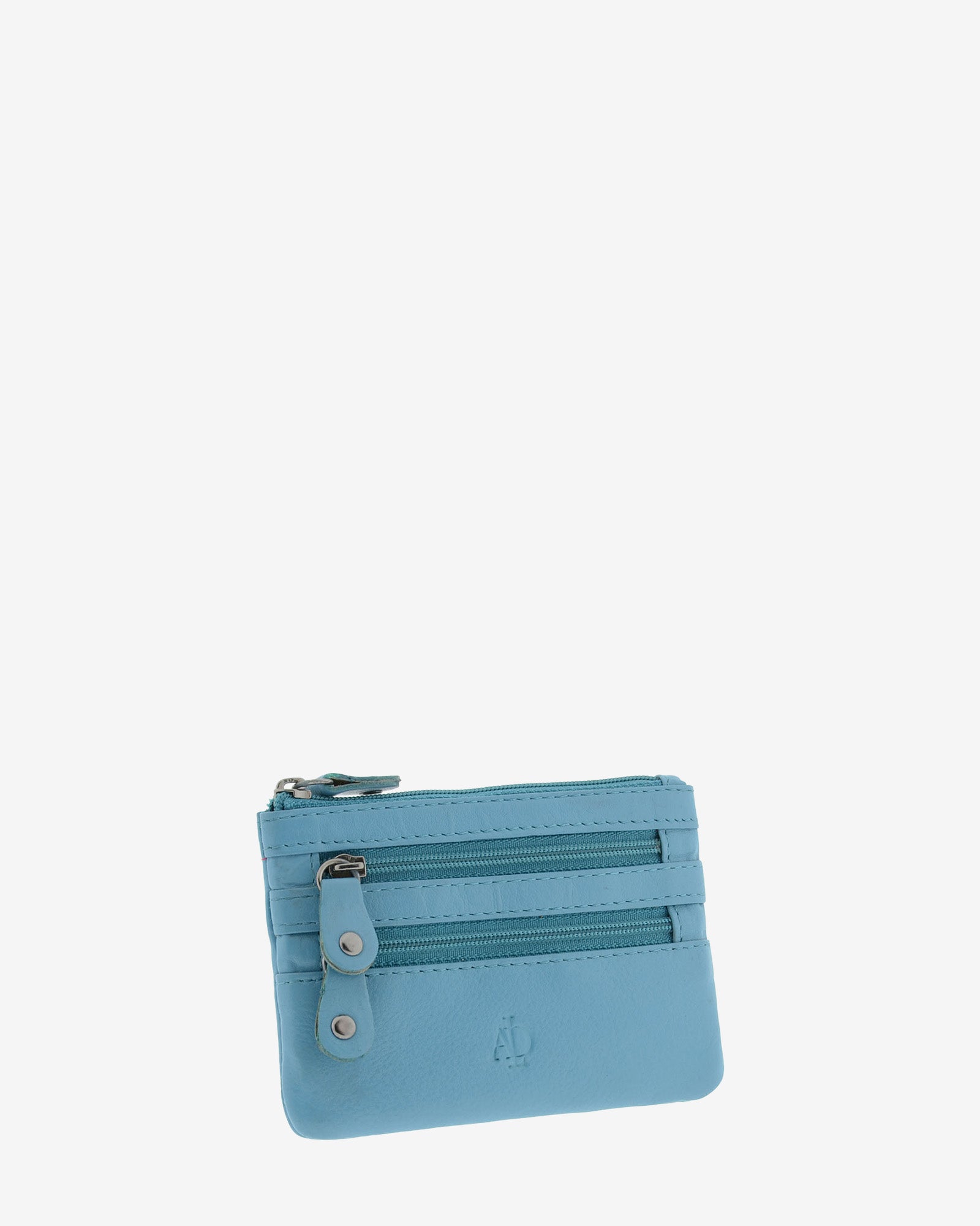 Monedero fino con triple cremallera 8072 en color azul, vista tres cuartos frontal.