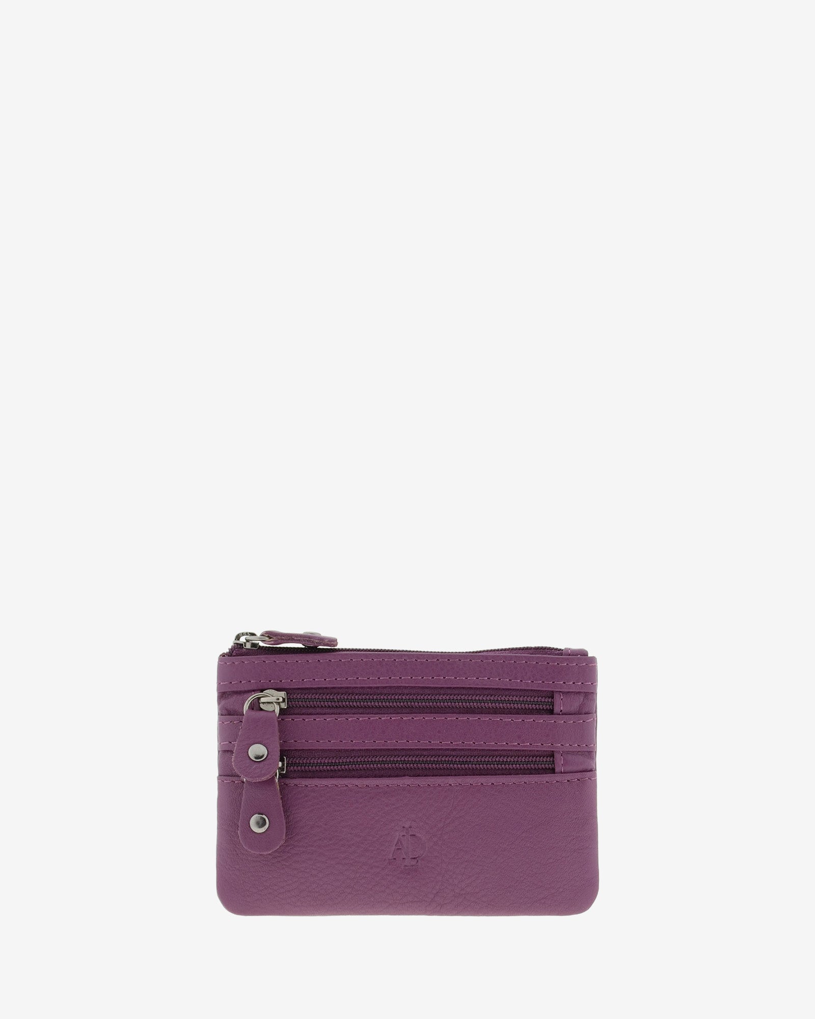Monedero fino con triple cremallera 8072 en color lila, vista frontal.