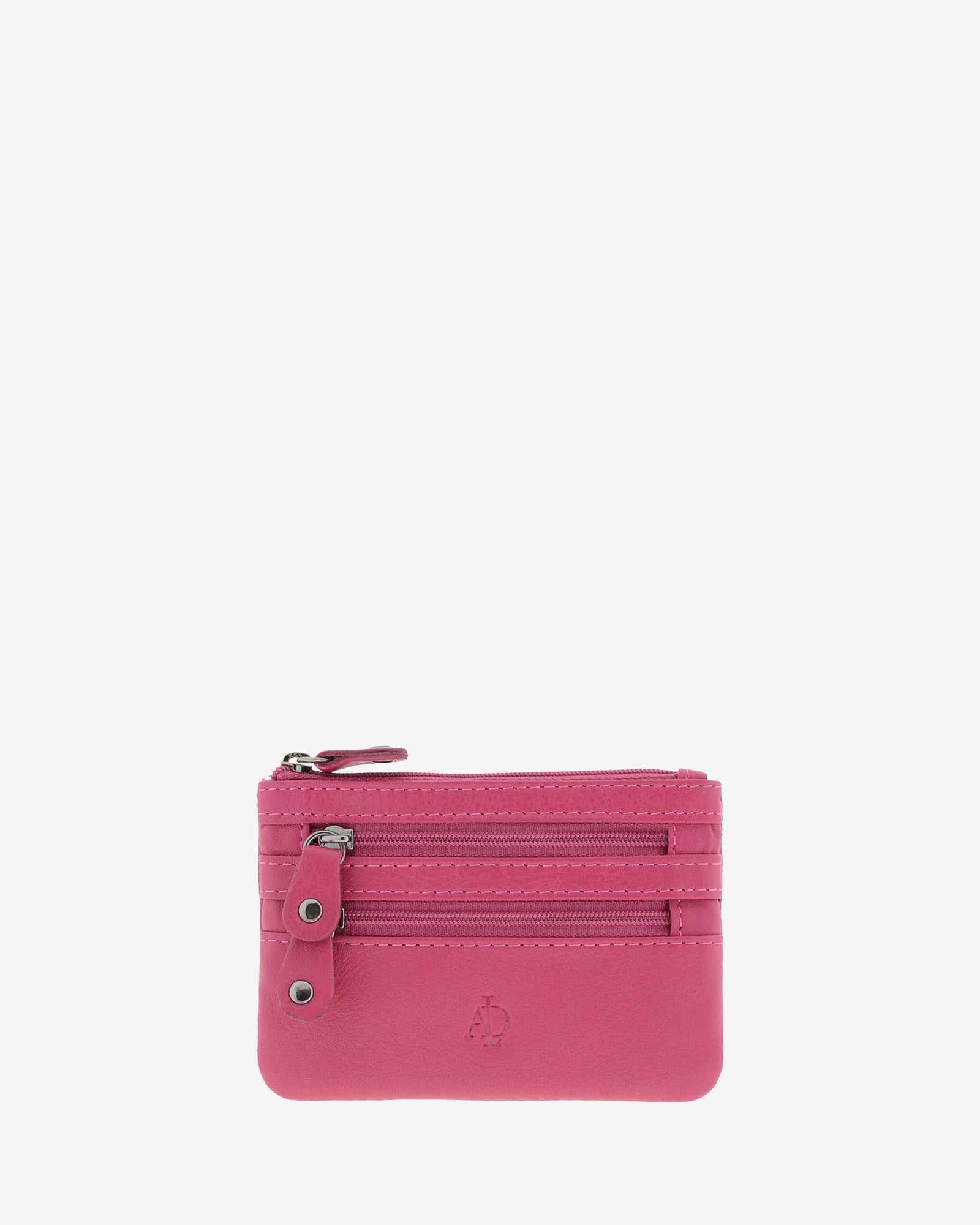 Monedero fino con triple cremallera 8072 en color magenta, vista frontal.