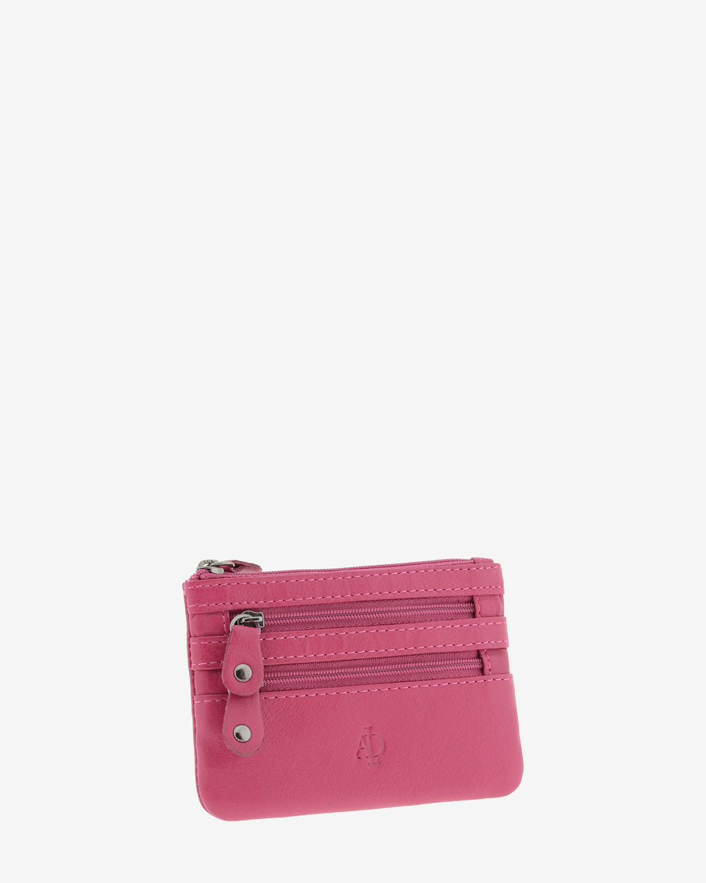 Monedero fino con triple cremallera 8072 en color magenta, vista tres cuartos frontal.