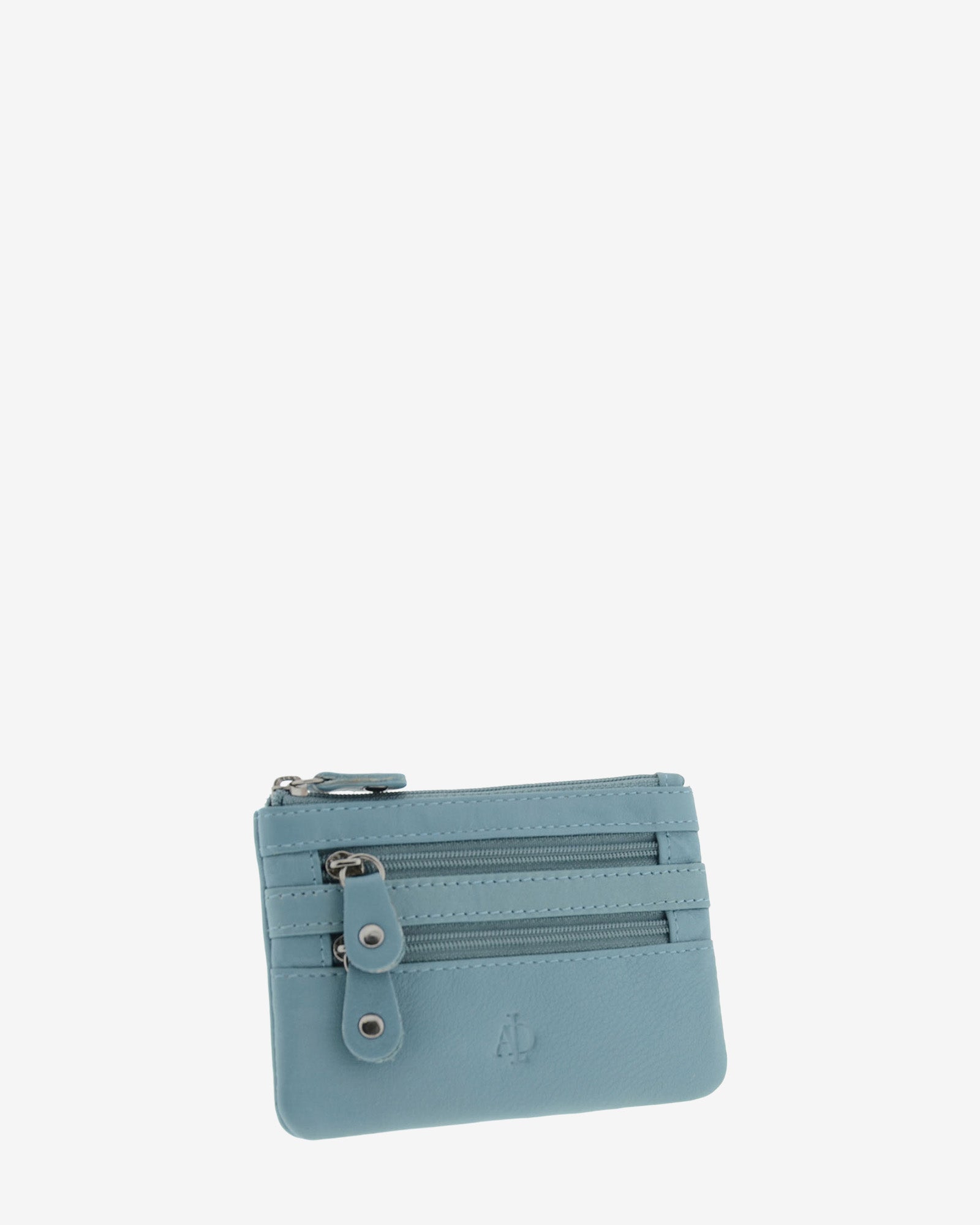 Monedero fino con triple cremallera 8072 en color mar, vista tres cuartos frontal.