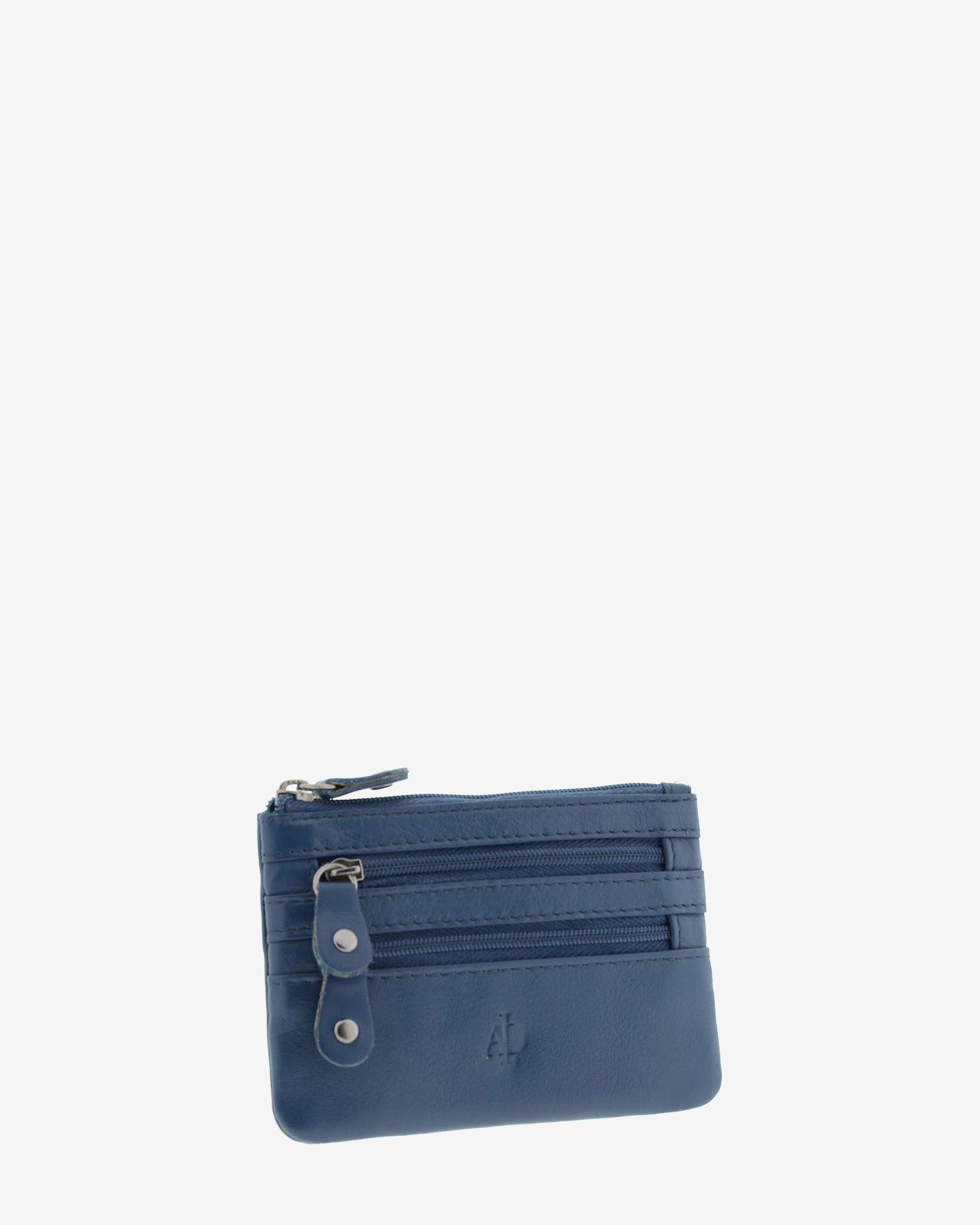 Monedero fino con triple cremallera 8072 en color marino, vista tres cuartos frontal.