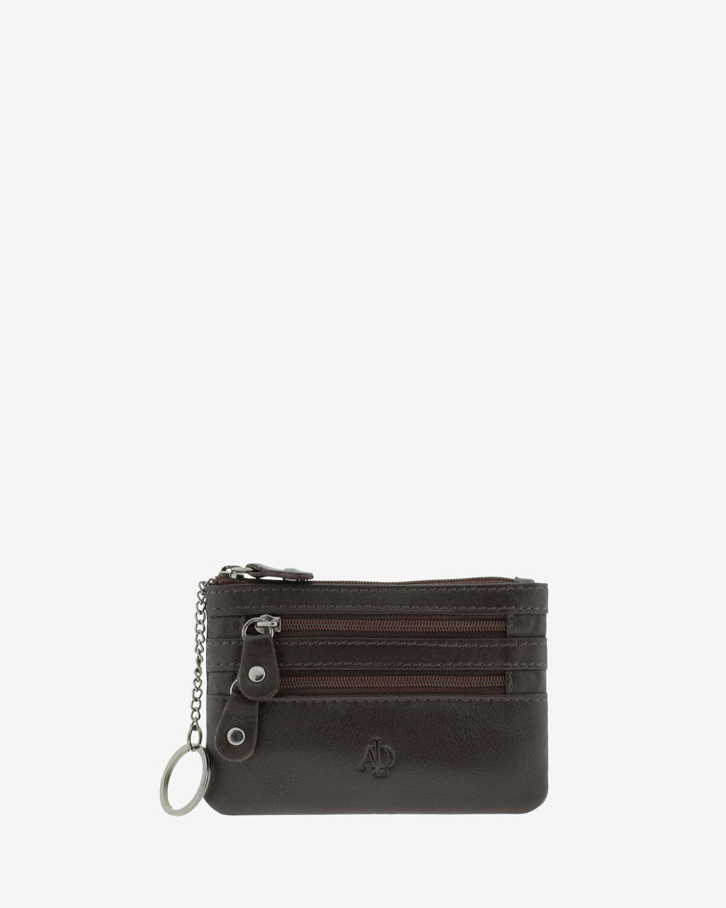 Monedero fino con triple cremallera 8072 en color marrón, vista frontal con anilla para llaves.