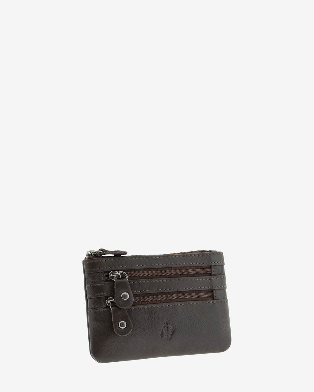 Monedero fino con triple cremallera 8072 en color marrón, vista tres cuartos frontal.