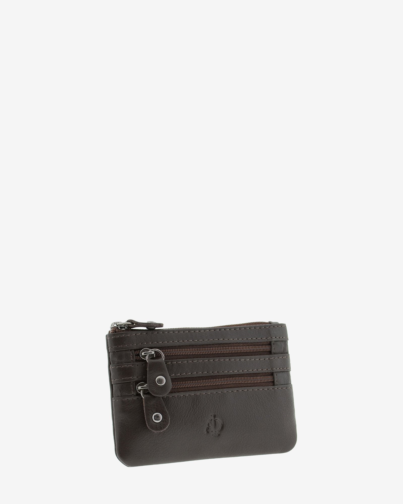 Monedero fino con triple cremallera 8072 en color marrón, vista tres cuartos frontal.