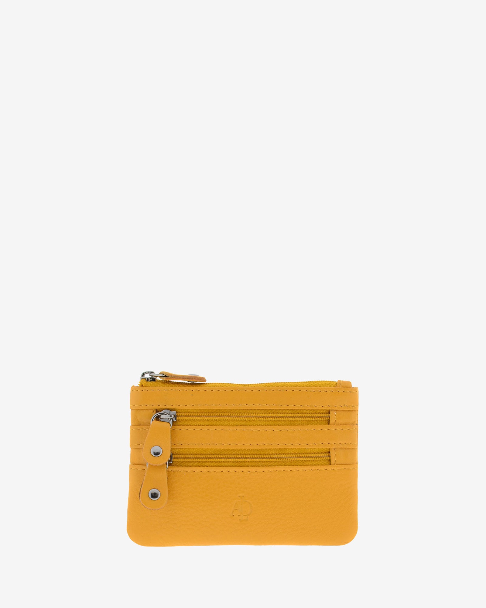 Monedero fino con triple cremallera 8072 en color mostaza, vista frontal.
