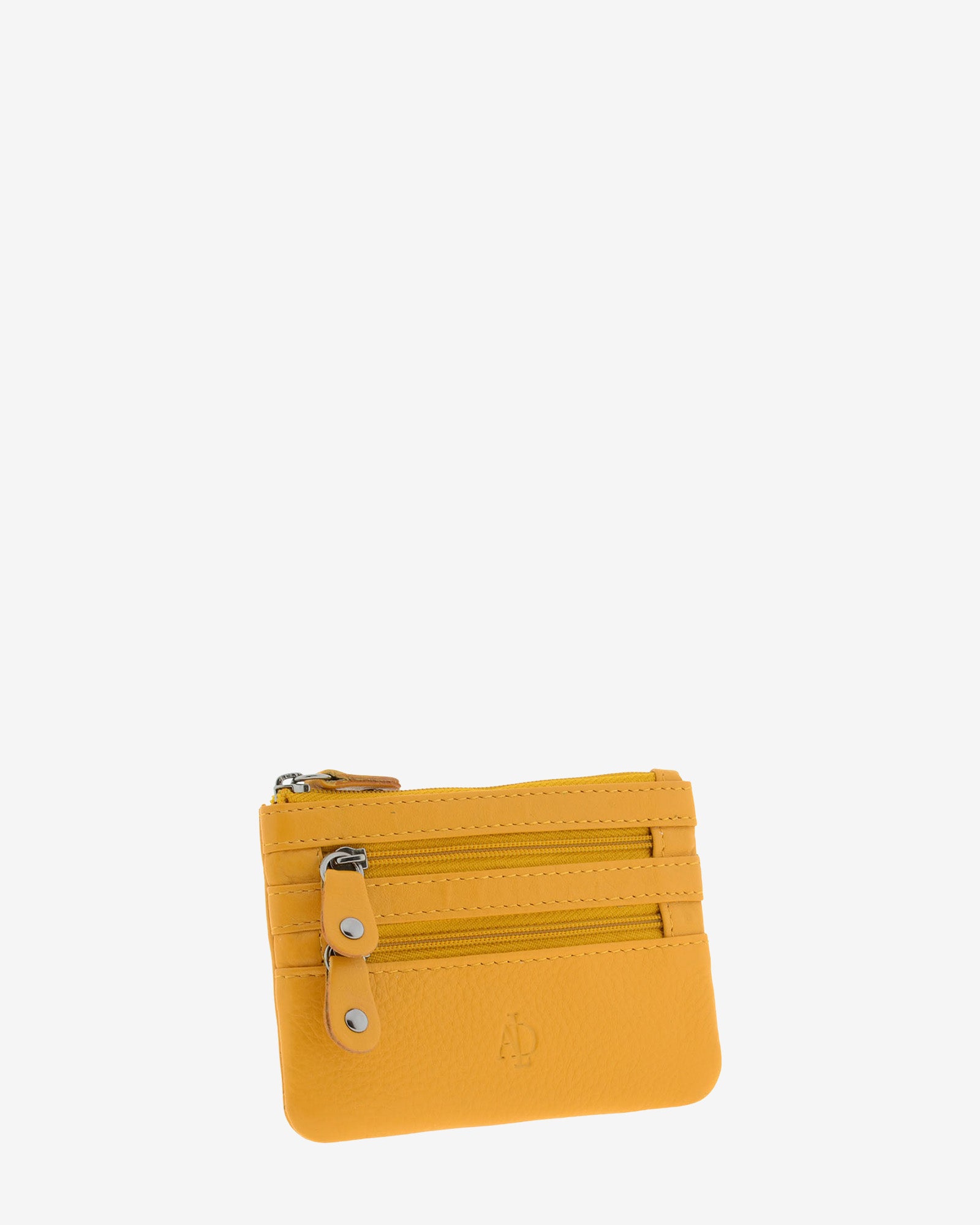 Monedero fino con triple cremallera 8072 en color mostaza, vista tres cuartos frontal.