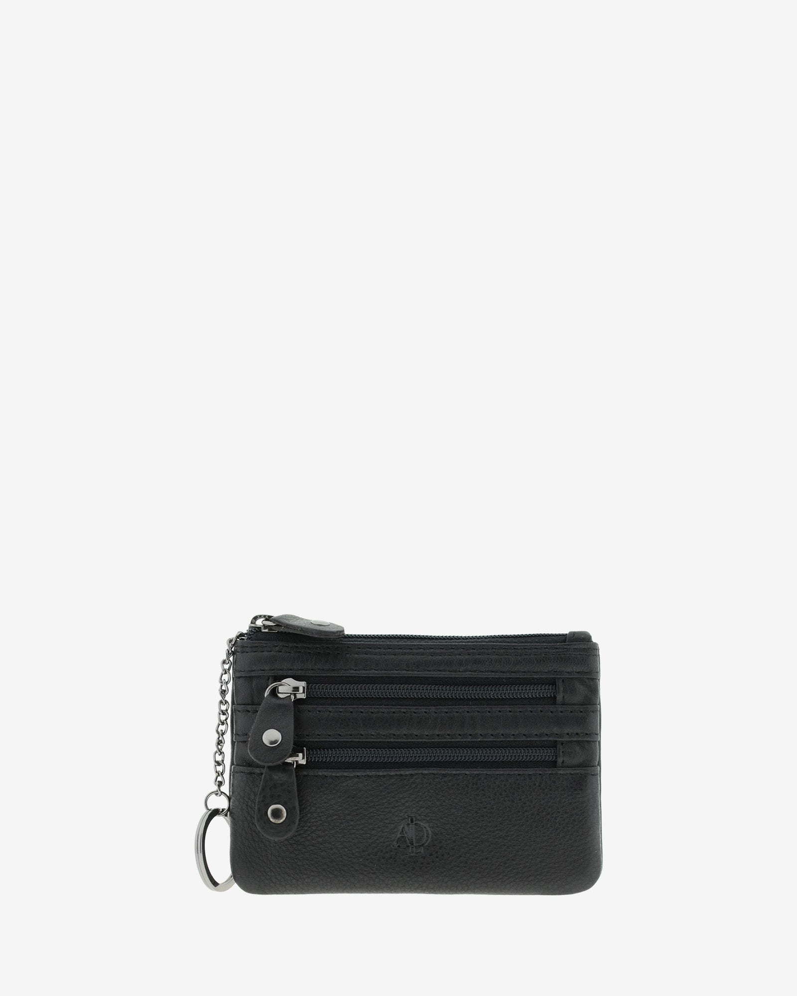 Monedero fino con triple cremallera 8072 en color negro, vista frontal con anilla para llaves.