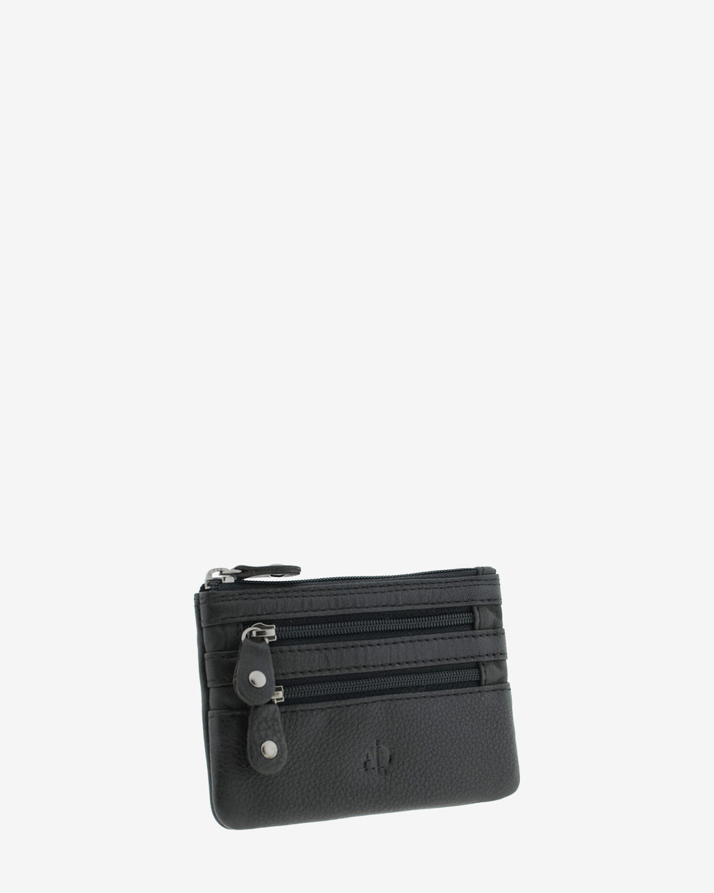 Monedero fino con triple cremallera 8072 en color negro, vista tres cuartos frontal.