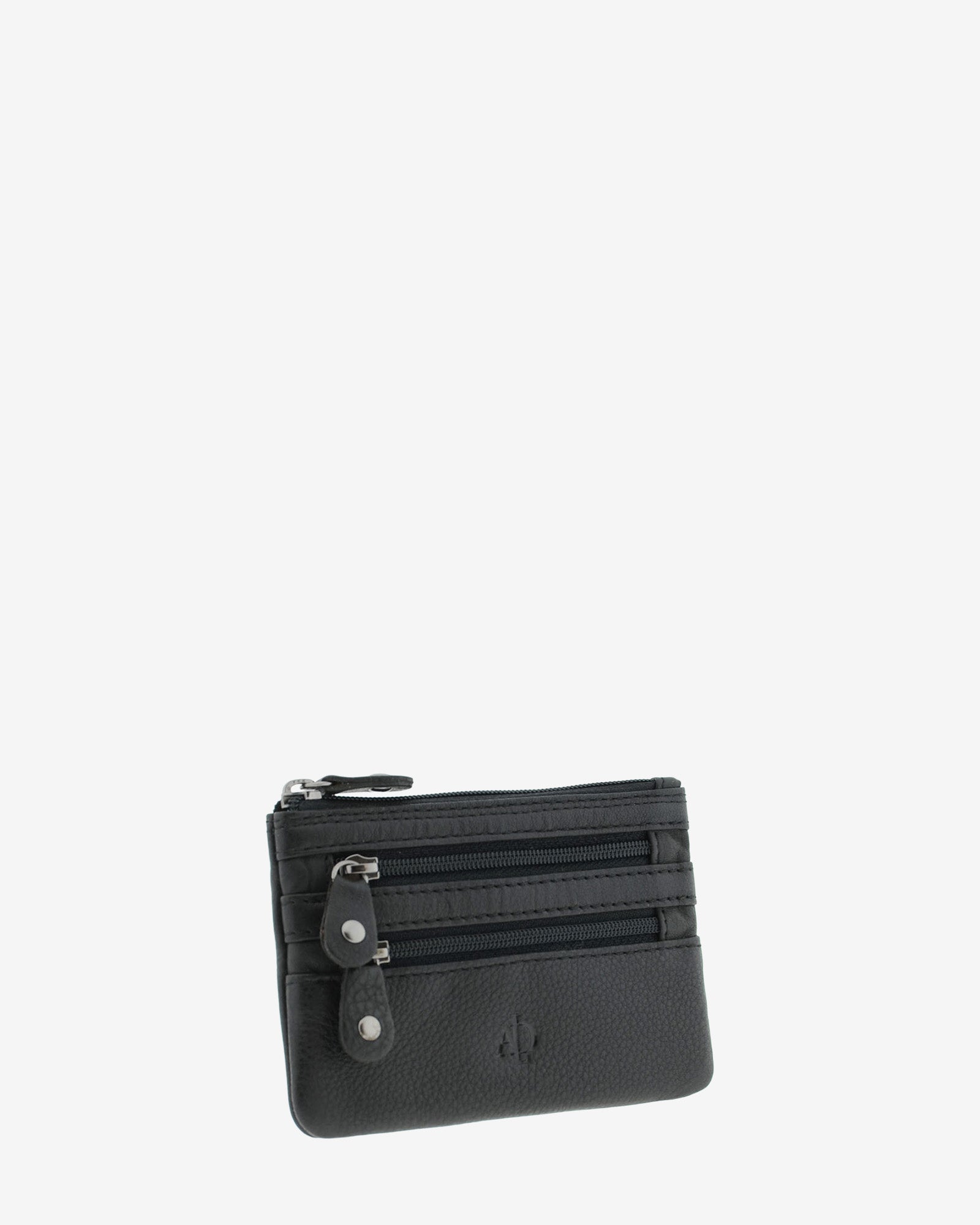 Monedero fino con triple cremallera 8072 en color negro, vista tres cuartos frontal.