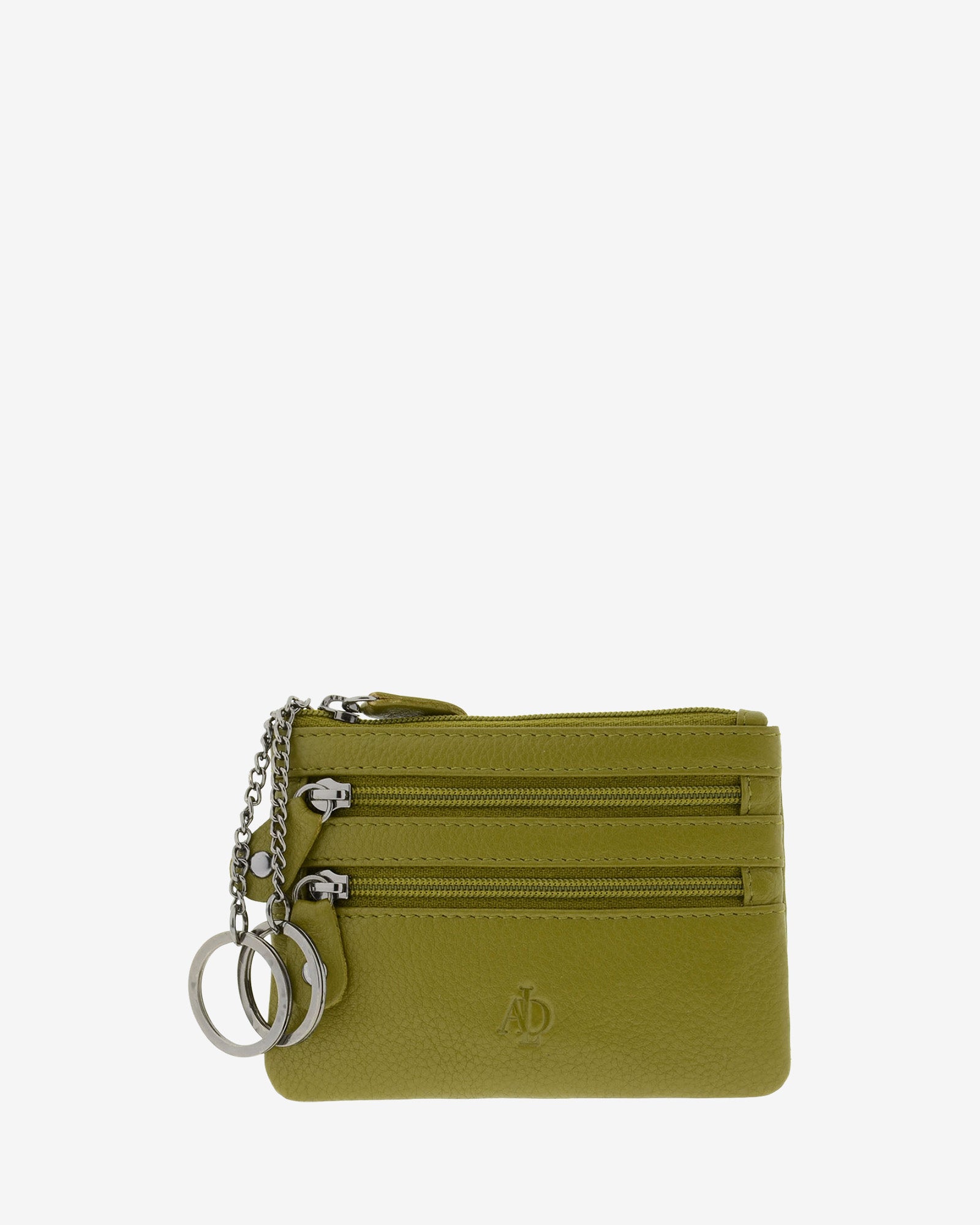 Monedero fino con triple cremallera 8072 en color oliva, vista frontal con anilla para llaves.